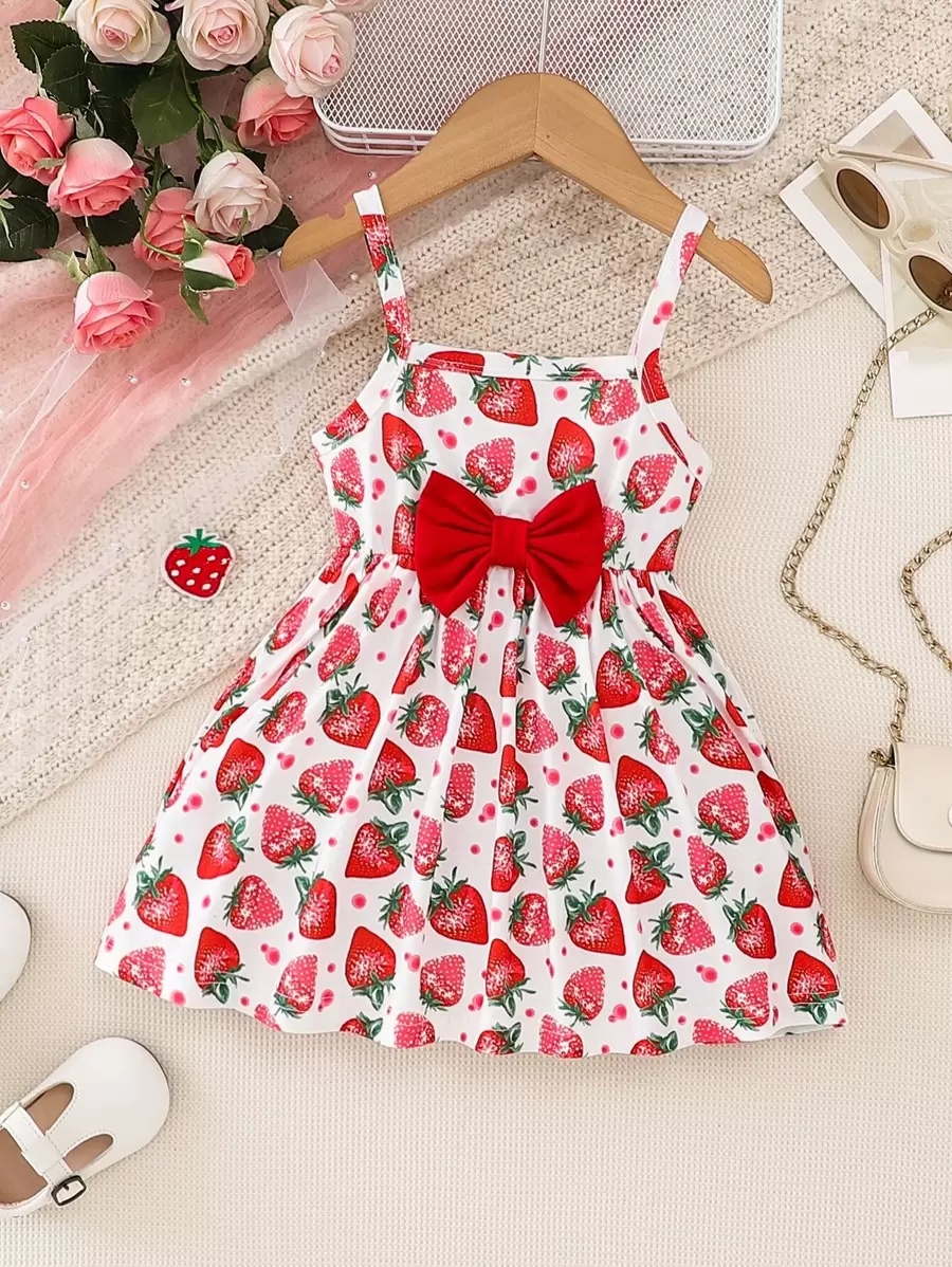 Baby Strawberry Print Bow Front Cami Dress - White - View 1
