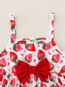 Baby Strawberry Print Bow Front Cami Dress - White - View 3