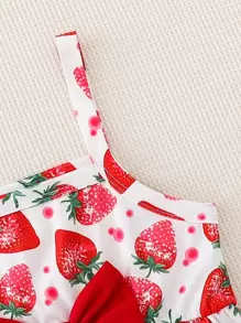 Baby Strawberry Print Bow Front Cami Dress - White - View 4