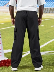 Manfinity Men Contrast Tape Flap Pocket Side Drawstring Waist Cargo Trousers - Black - View 2