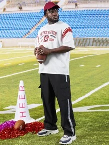 Manfinity Men Contrast Tape Flap Pocket Side Drawstring Waist Cargo Trousers - Black - View 3