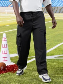 Manfinity Men Contrast Tape Flap Pocket Side Drawstring Waist Cargo Trousers - Black - View 4