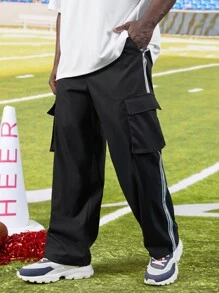 Manfinity Men Contrast Tape Flap Pocket Side Drawstring Waist Cargo Trousers - Black - View 5