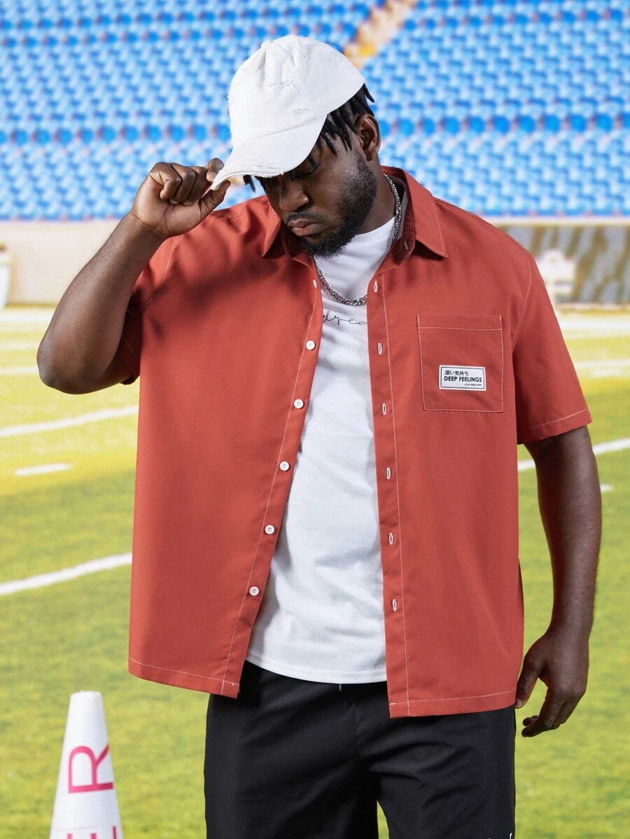 EASEVO Men Plus Letter Patched Detail Pocket Front Shirt - Red - View 1