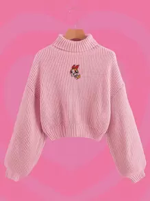 The Powerpuff Girls | ROMWE 卡通刺繡高領燈籠袖套頭毛衣 - 粉色 - 查看 1
