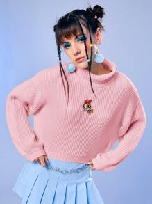 The Powerpuff Girls | ROMWE 卡通刺繡高領燈籠袖套頭毛衣 - 粉色 - 查看 4