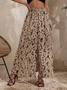 SHEIN Frenchy 滿版印花高衩半身裙 - 卡其色 - 查看 3