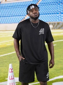 Manfinity Men Plus Letter Graphic Tee & Shorts - Black - View 1