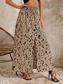 SHEIN Frenchy 滿版印花高衩半身裙 - 卡其色 - 查看 5