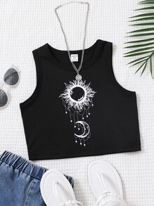 SHEIN Tween Girl Sun & Moon Print Tank Top Is Designed With A And Mysterious Touch. The Unique Charm Of The Sun And Moon Motifs Is Captivating. The Lightweight Fabric Is Perfect For Summer Wear, Providing Coolness And Comfort. The Elegant And Beautiful Print Design Showcases Fascinating Style. The Simple Tank Top Style Is And Casual, Suitable For A Variety Of Occasions. This Tank Top Is A Wardrobe Highlight, Giving People A Feeling Of The Mysterious Charm Of The Sun And Moon, And Expressing An Elegant And Atmosphere. - Black - View 1