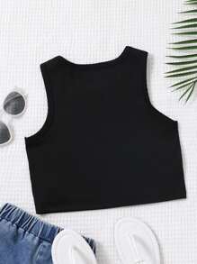 SHEIN Tween Girl Sun & Moon Print Tank Top Is Designed With A And Mysterious Touch. The Unique Charm Of The Sun And Moon Motifs Is Captivating. The Lightweight Fabric Is Perfect For Summer Wear, Providing Coolness And Comfort. The Elegant And Beautiful Print Design Showcases Fascinating Style. The Simple Tank Top Style Is And Casual, Suitable For A Variety Of Occasions. This Tank Top Is A Wardrobe Highlight, Giving People A Feeling Of The Mysterious Charm Of The Sun And Moon, And Expressing An Elegant And Atmosphere. - Black - View 2