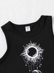 SHEIN Tween Girl Sun & Moon Print Tank Top Is Designed With A And Mysterious Touch. The Unique Charm Of The Sun And Moon Motifs Is Captivating. The Lightweight Fabric Is Perfect For Summer Wear, Providing Coolness And Comfort. The Elegant And Beautiful Print Design Showcases Fascinating Style. The Simple Tank Top Style Is And Casual, Suitable For A Variety Of Occasions. This Tank Top Is A Wardrobe Highlight, Giving People A Feeling Of The Mysterious Charm Of The Sun And Moon, And Expressing An Elegant And Atmosphere. - Black - View 3