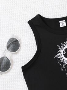 SHEIN Tween Girl Sun & Moon Print Tank Top Is Designed With A And Mysterious Touch. The Unique Charm Of The Sun And Moon Motifs Is Captivating. The Lightweight Fabric Is Perfect For Summer Wear, Providing Coolness And Comfort. The Elegant And Beautiful Print Design Showcases Fascinating Style. The Simple Tank Top Style Is And Casual, Suitable For A Variety Of Occasions. This Tank Top Is A Wardrobe Highlight, Giving People A Feeling Of The Mysterious Charm Of The Sun And Moon, And Expressing An Elegant And Atmosphere. - Black - View 5