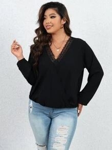 Calvaya Plus Contrast Lace Surplice Neck Blouse - Black - View 1