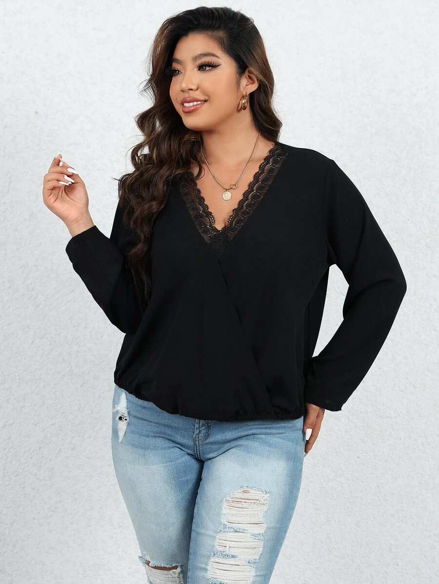 Calvaya Plus Contrast Lace Surplice Neck Blouse - Black - View 1