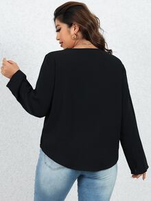 Calvaya Plus Contrast Lace Surplice Neck Blouse - Black - View 2