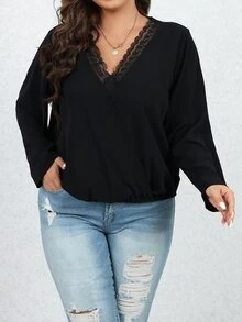 Calvaya Plus Contrast Lace Surplice Neck Blouse - Black - View 3