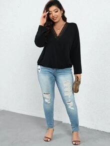 Calvaya Plus Contrast Lace Surplice Neck Blouse - Black - View 5