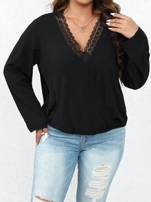 Calvaya Plus Contrast Lace Surplice Neck Blouse - Black - View 6