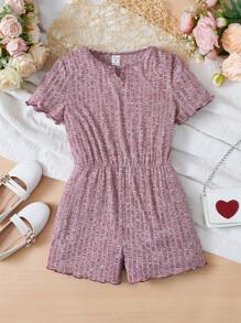 SHEIN 女孩缺口領木耳邊連身短褲 - 酒紅色 - 查看 1