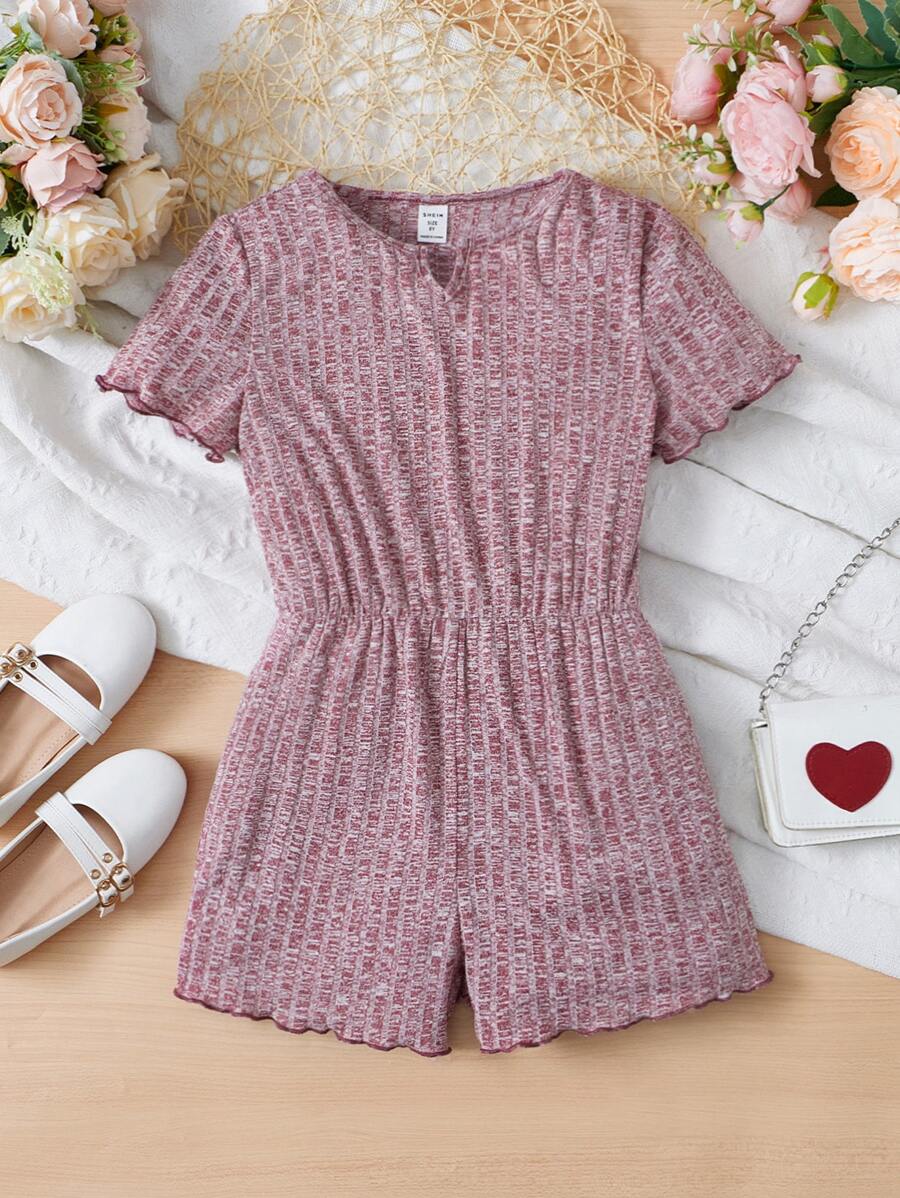 SHEIN 女孩缺口領木耳邊連身短褲 - 酒紅色 - 查看 1