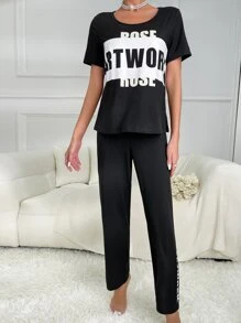 Bộ đồ giản dị Nữ Lá thư Giải trí - màu đen - Xem 5