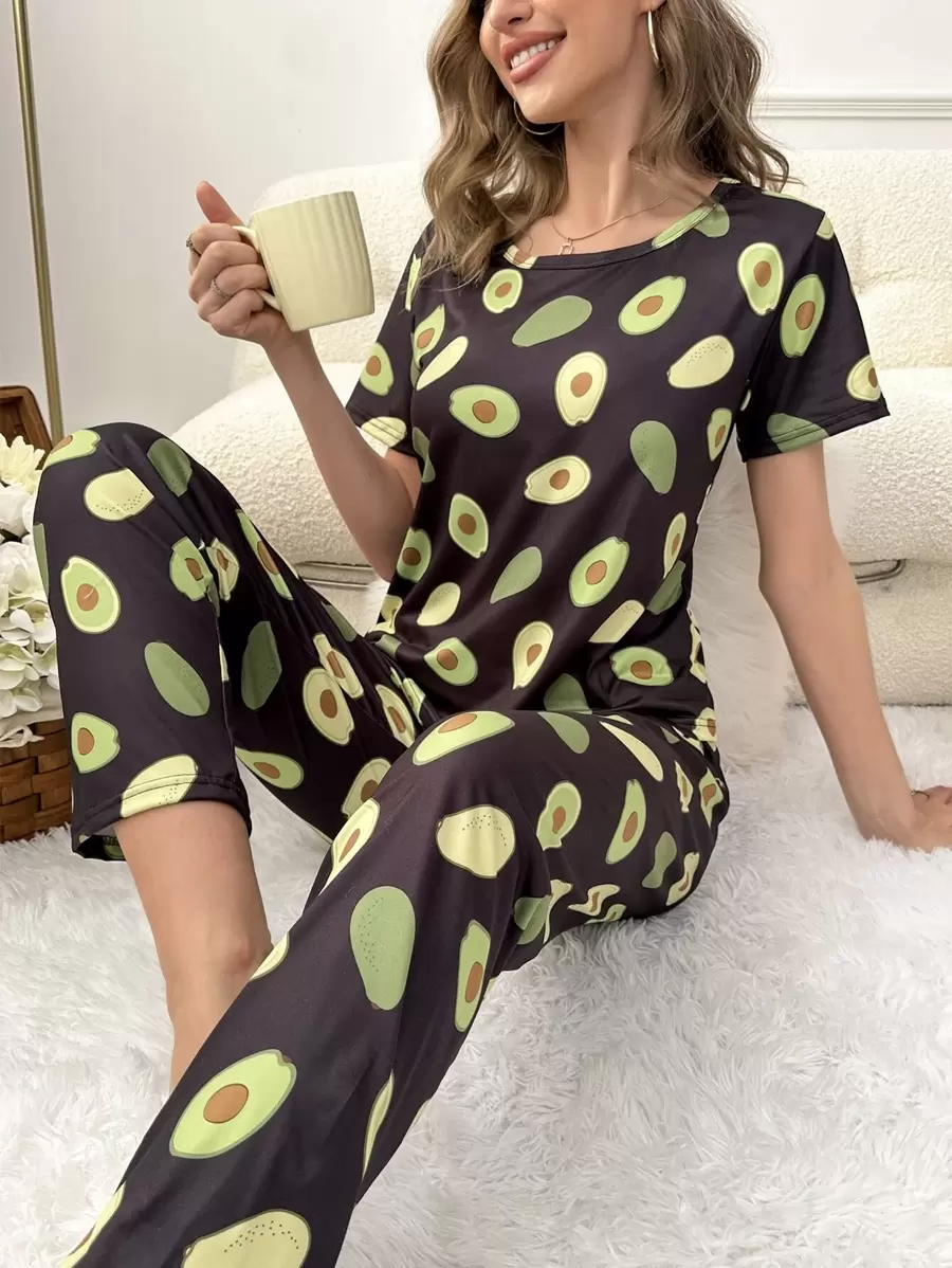 Fruit Print Tee & Trousers PJ Set - Black - View 1