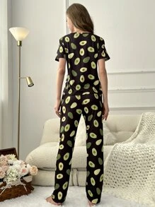Fruit Print Tee & Trousers PJ Set - Black - View 2