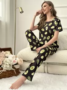 Fruit Print Tee & Trousers PJ Set - Black - View 4