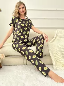 Fruit Print Tee & Trousers PJ Set - Black - View 6