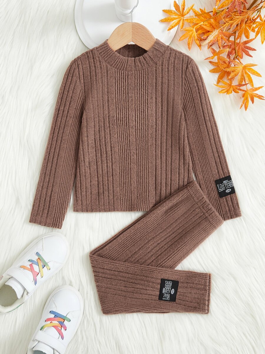 SHEIN Young Girls' Casual Letter Printed Top And Pants Set With Detailed Accents, Long Sleeve - Mocha Brown - View 1