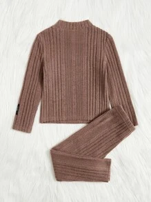 SHEIN Young Girls' Casual Letter Printed Top And Pants Set With Detailed Accents, Long Sleeve - Mocha Brown - View 2