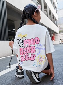 SHEIN Tween Girl Slogan & Cartoon Face Print Drop Shoulder Tee - White - View 1