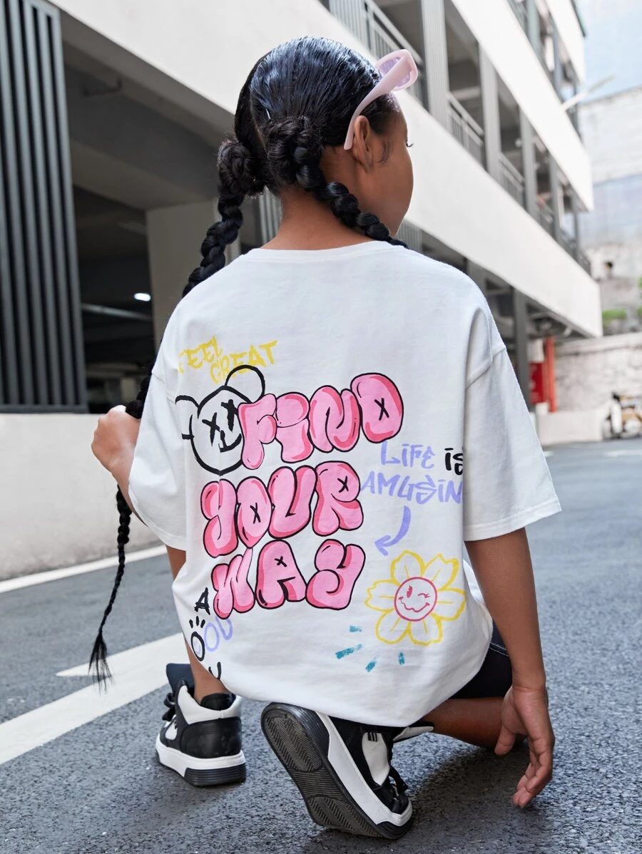SHEIN Tween Girl Slogan & Cartoon Face Print Drop Shoulder Tee - White - View 1