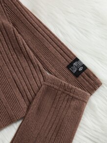 SHEIN Young Girls' Casual Letter Printed Top And Pants Set With Detailed Accents, Long Sleeve - Mocha Brown - View 4