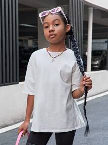 SHEIN Tween Girl Slogan & Cartoon Face Print Drop Shoulder Tee - White - View 3