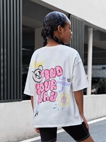 SHEIN Tween Girl Slogan & Cartoon Face Print Drop Shoulder Tee - White - View 4