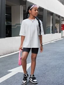 SHEIN Tween Girl Slogan & Cartoon Face Print Drop Shoulder Tee - White - View 6