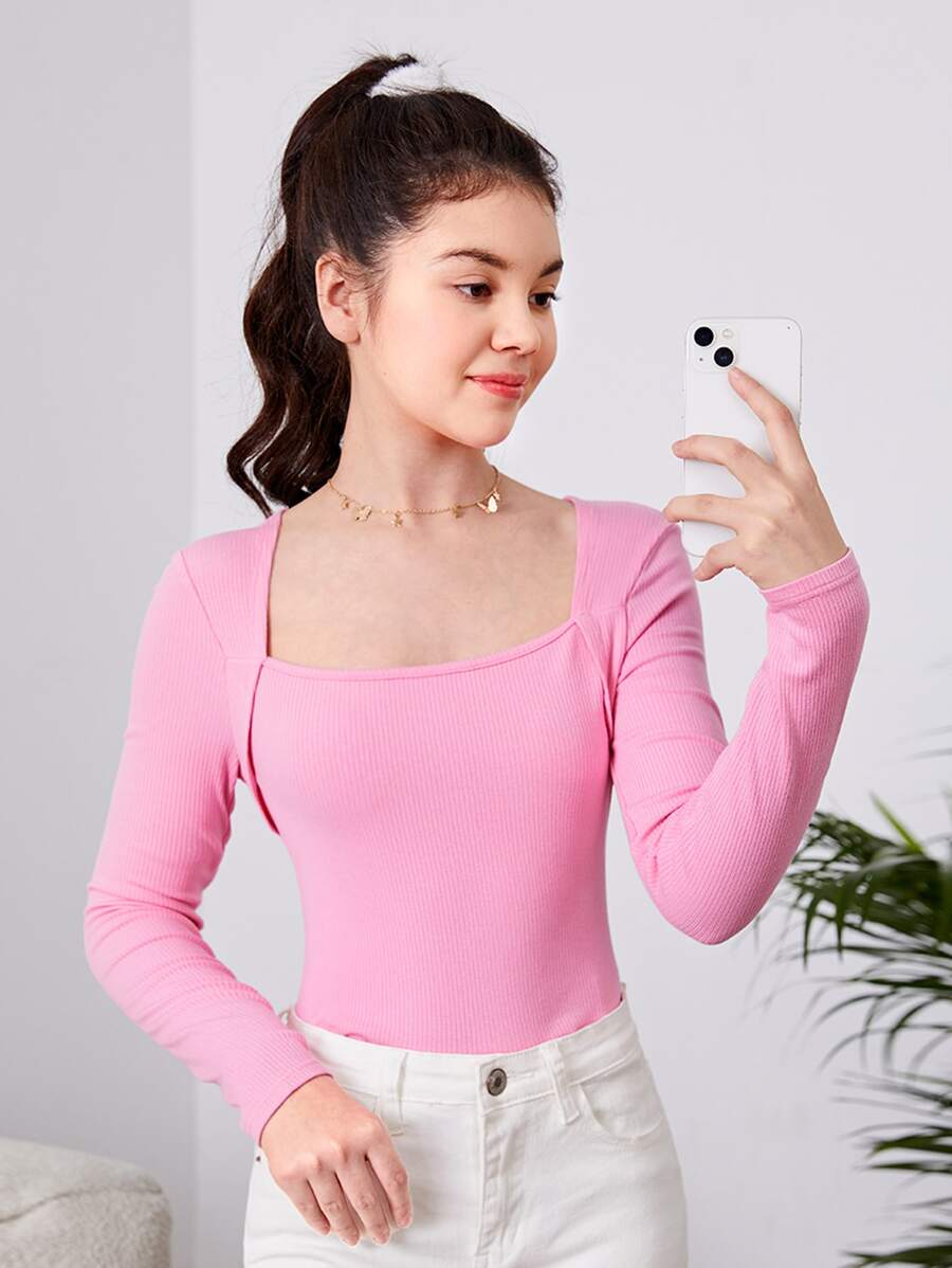 SHEIN Tops con gái Gân đan màu trơn Giải trí - Màu Hồng baby - Xem 1