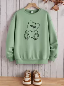 SHEIN Teen Girls Bear & Letter Graphic Pullover - Mint Green - View 1