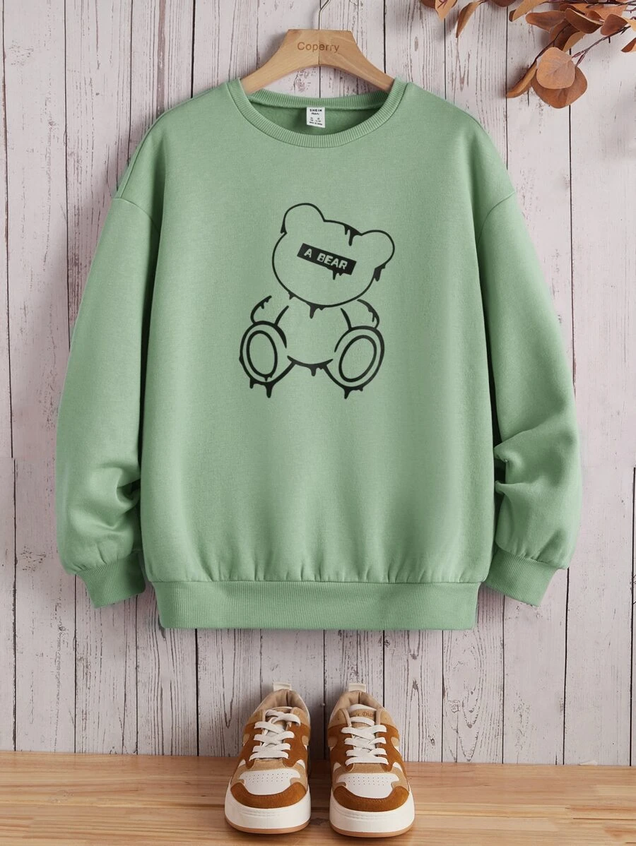 SHEIN Teen Girls Bear & Letter Graphic Pullover - Mint Green - View 1