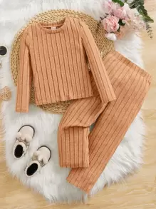 SHEIN Niñitas Pantalones con camiseta tejido de canalé - Naranja - Ver 1