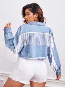 SHEIN Essnce 大碼流蘇邊毛邊緣短款牛仔夾克 - 淺色水洗藍 - 查看 2