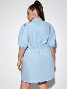 Plus Puff Sleeve Raw Cut Denim Dress - Light Wash - View 2