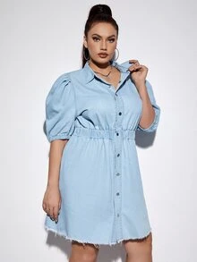 Plus Puff Sleeve Raw Cut Denim Dress - Light Wash - View 4