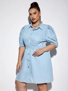 Plus Puff Sleeve Raw Cut Denim Dress - Light Wash - View 5