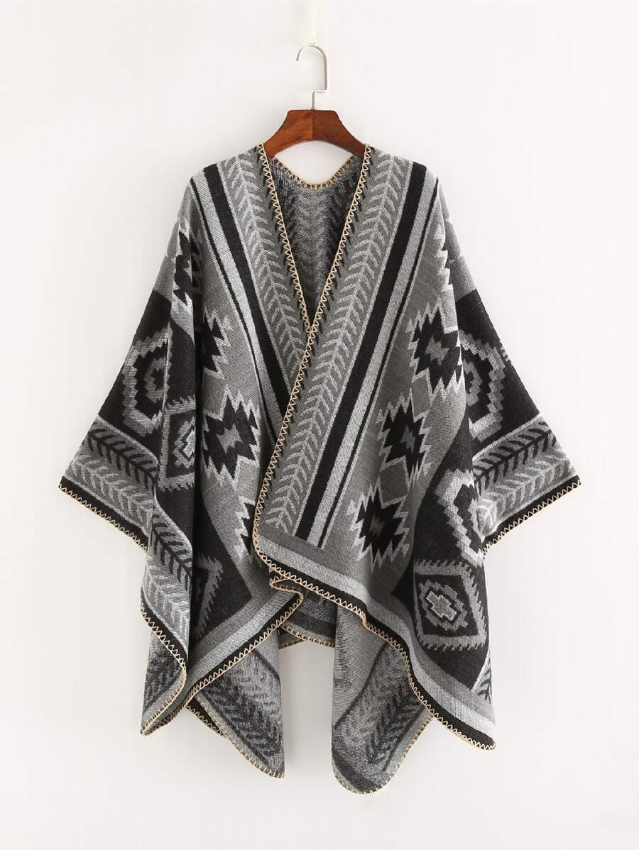 1pc Geometric Pattern Faux Cashmere Shawl - Grey - View 1