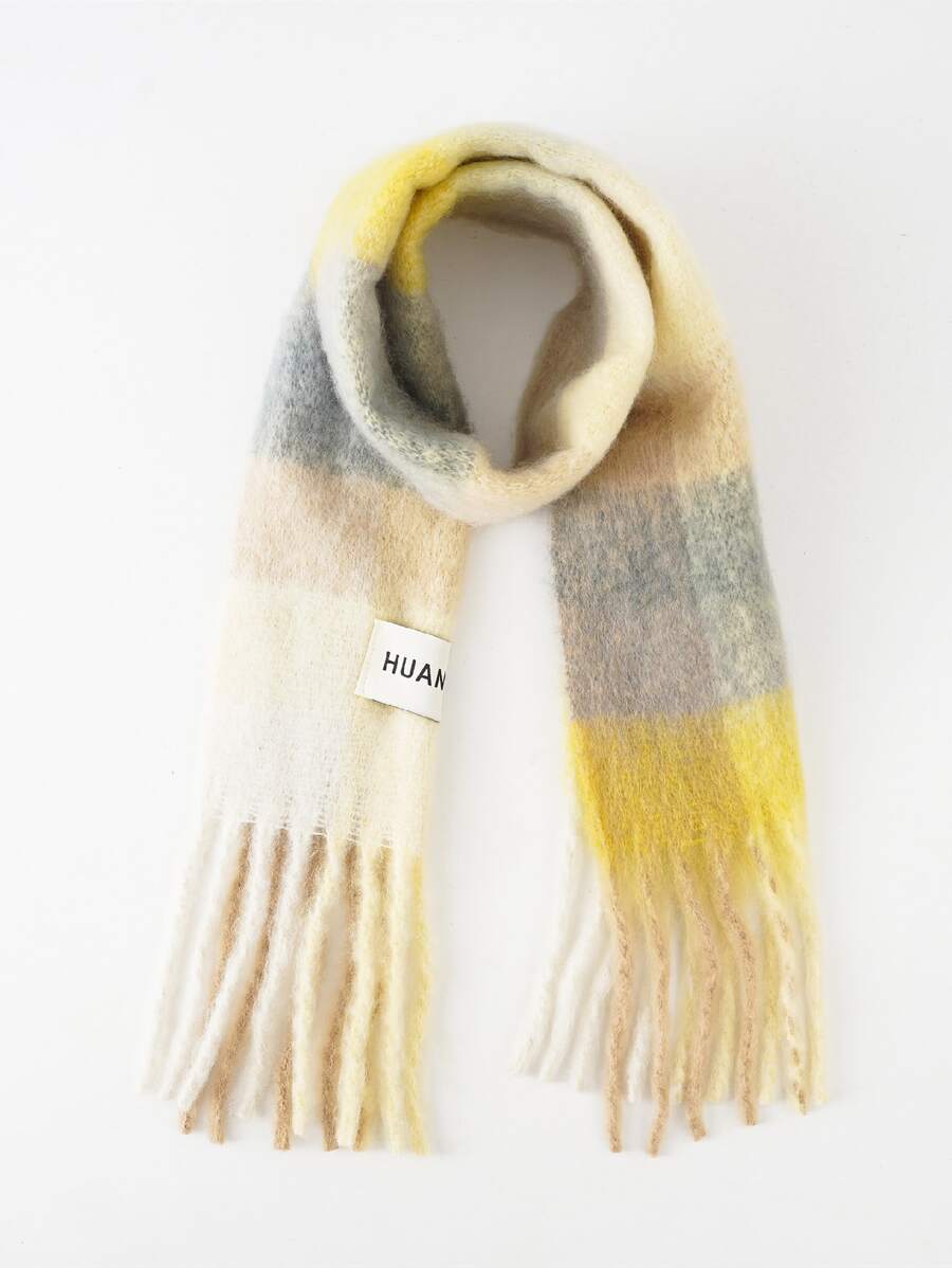 Kids Letter Label Decor Plaid Pattern Fringe Trim Scarf - Multicolor - View 1