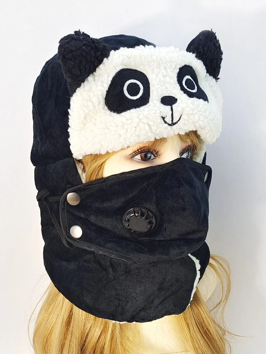 Cartoon Panda Design Trapper Hat With Face Covering - Black and White - View 1