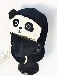 Cartoon Panda Design Trapper Hat With Face Covering - Black and White - View 4